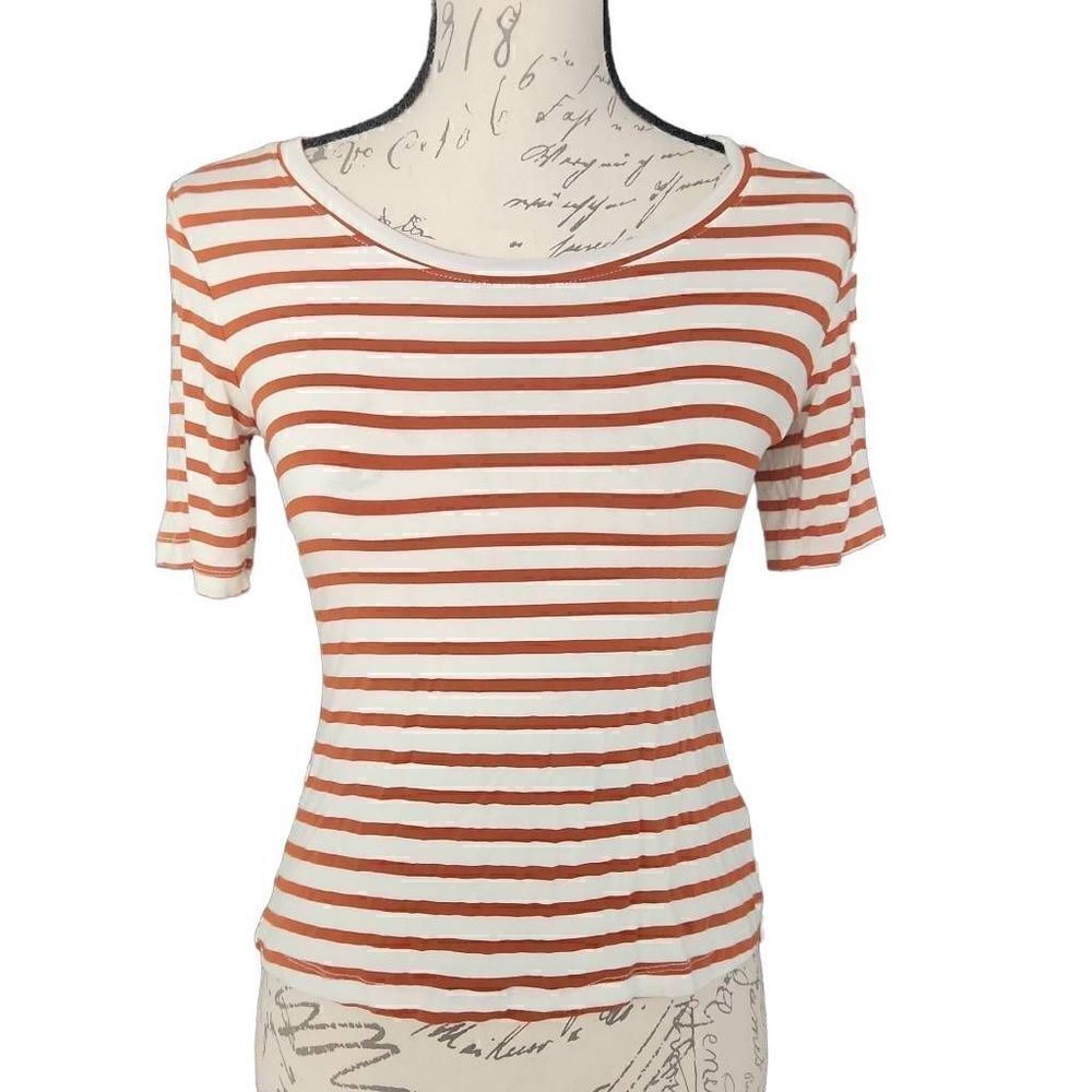 Green Envelope Ladies Size Small Orange White Striped Short Sleeve T-shirt
